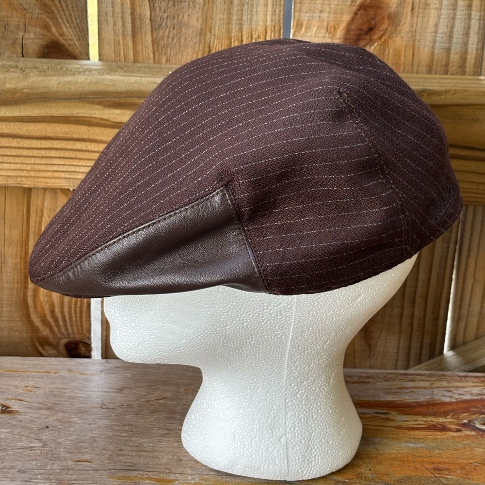 Goorin Bros Brown Pinstripe & Leather Side Panel Cabbie Newsboy Flatcap Size L